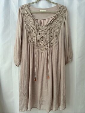 Indigo Rose 2X Crochet Neck Midi Dress in Pale Blush Boho Lace
